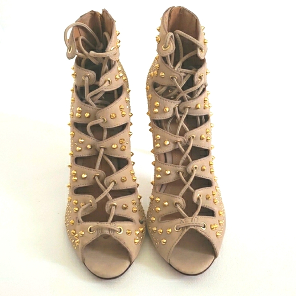 Schutz NWT leather studded lace-up tan stilleto